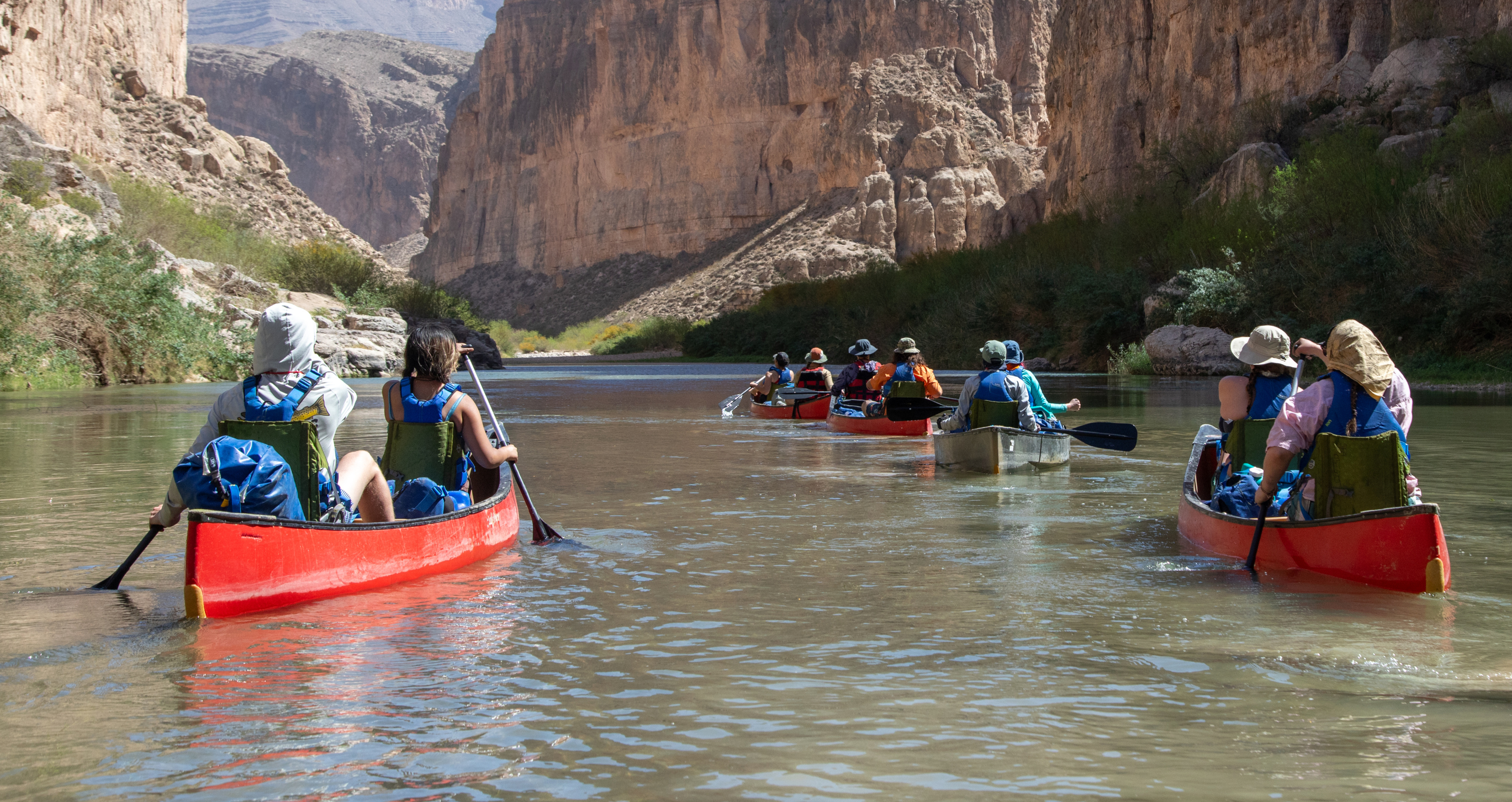 Students paddle through Boquillas Canyon along the Rio Grande in Big Bend National Park during a week-long Spring Break trip.