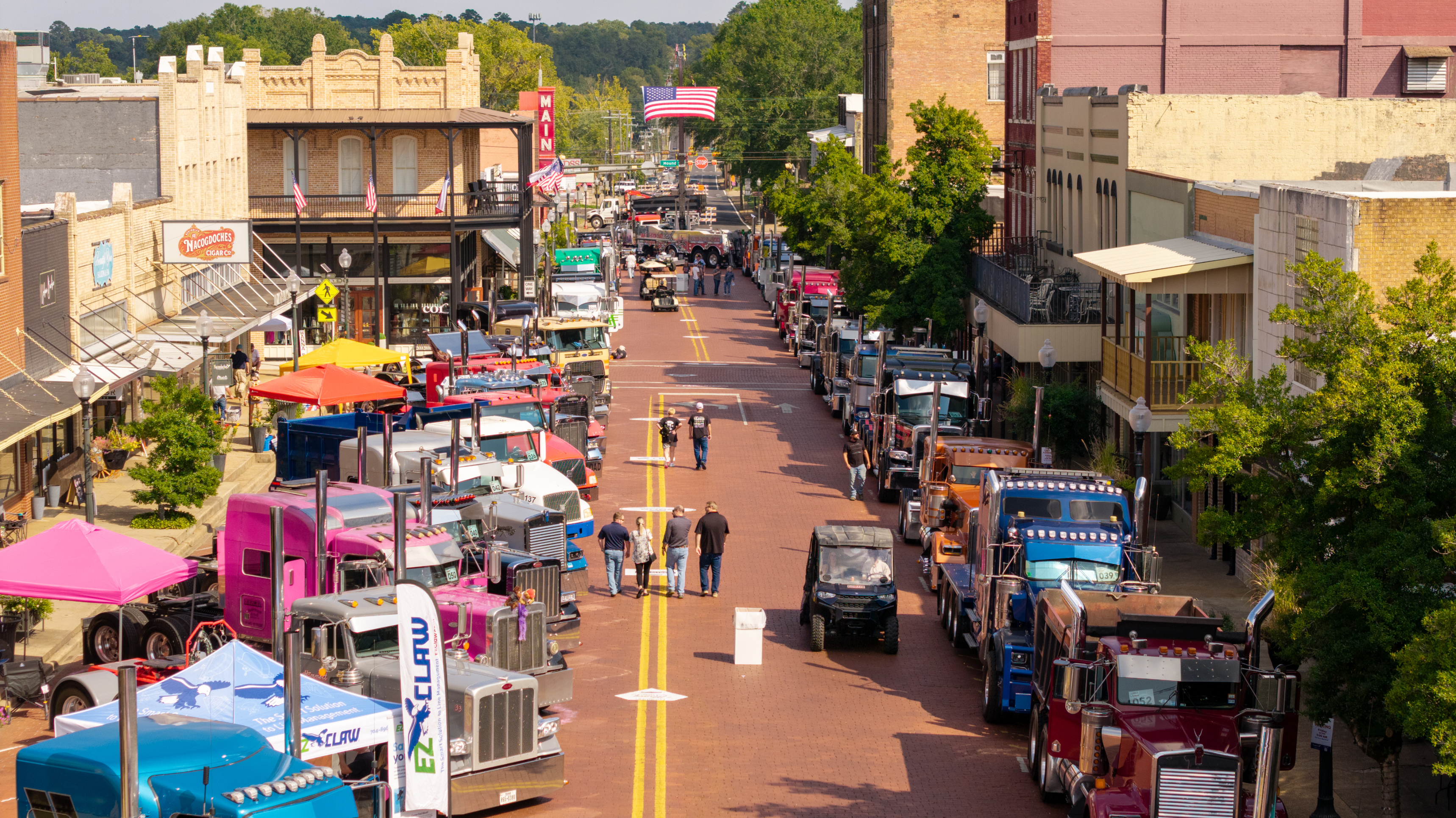 An aerial view of downtown Nacogdoches during the 2025 Old Town Rig Down, an annual charity truck and vehicle festival in historic downtown Nacogdoches, Texas.